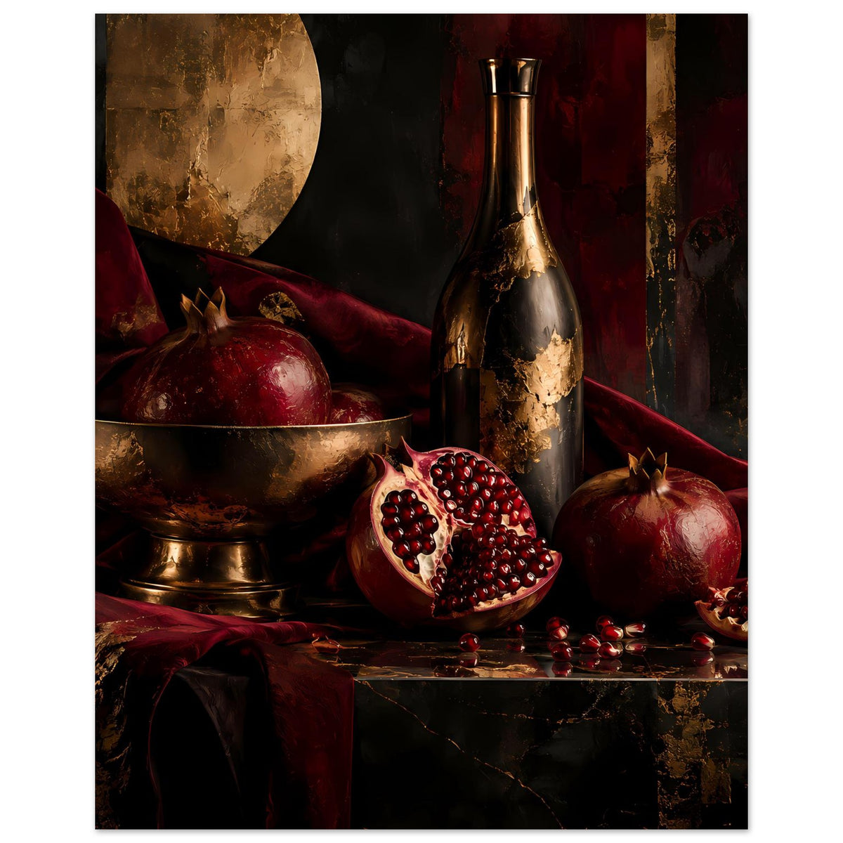Poster mit Granatapfel-Stillleben: rote Granatäpfel, Schale und Flasche