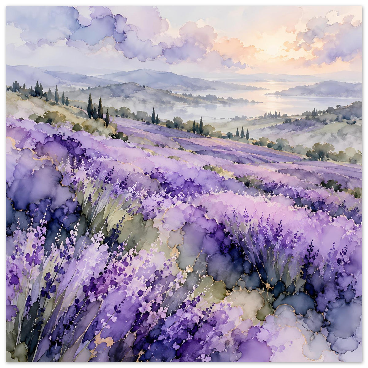 Aquarell-Landschaftsposter mit lavendelfarbenen Reihen, zypressenartigen Bäumen und Abendsonne