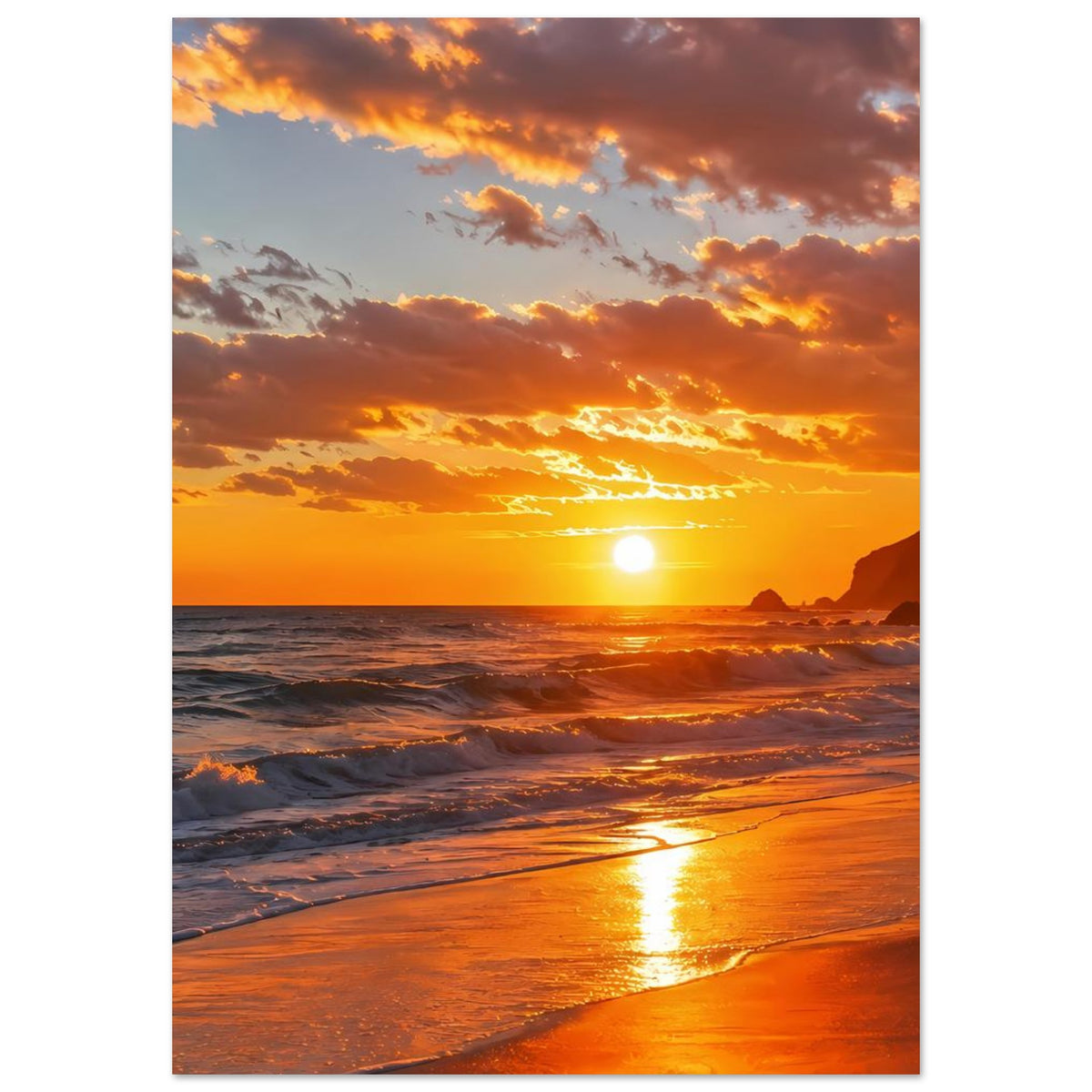 Strand-Poster mit Sonne am Horizont, orangefarbener Himmel und Wellen, Hochformat