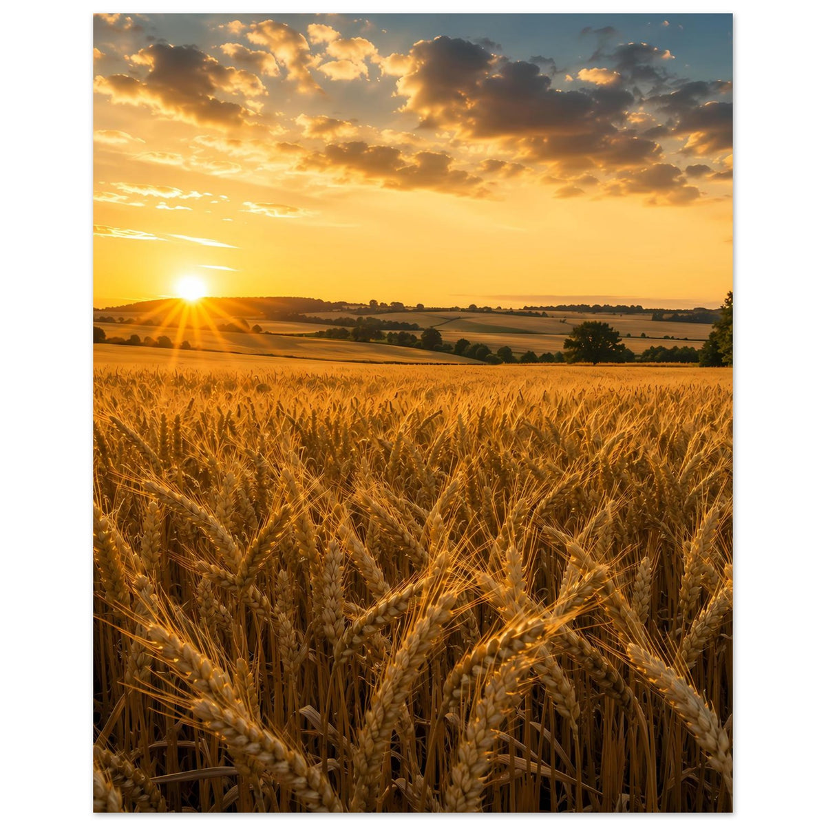 Landschaftsposter Hochformat mit Weizenfeld, goldener Sonne und bewölktem Himmel