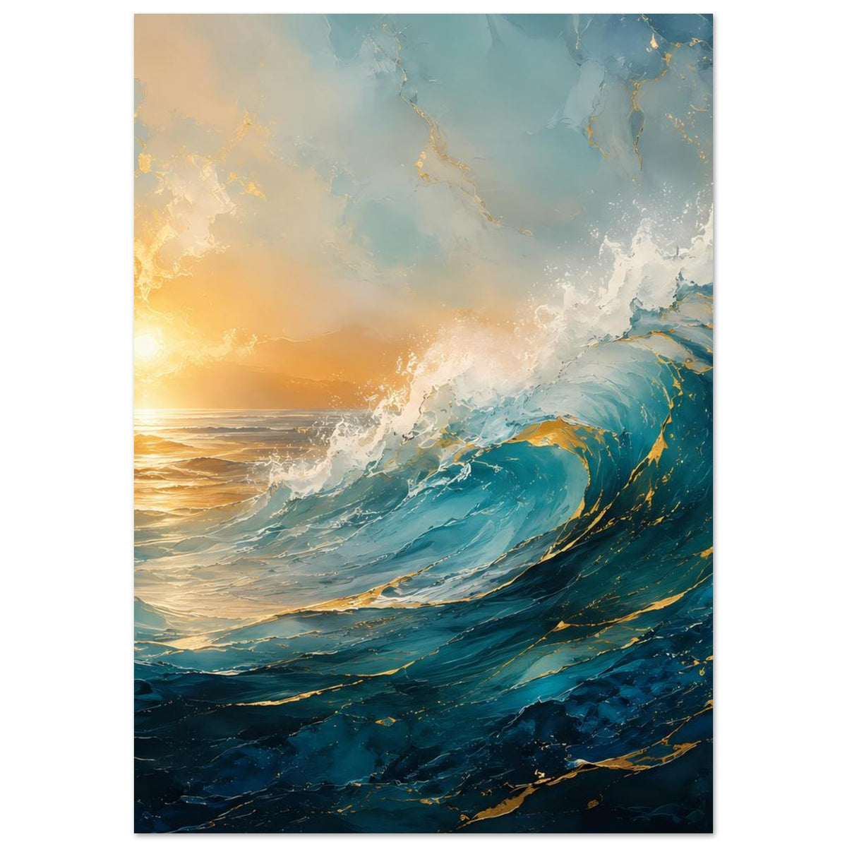 Poster mit blauen Meereswellen, Schaumkrone und goldenem Licht am Horizont