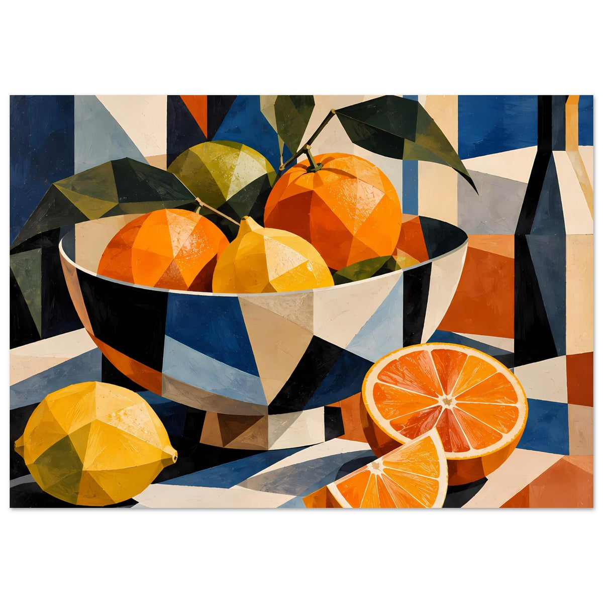 Kubistisches Poster mit Obstschale, orange/gelben Orangen und Orangenscheiben, grüne Blätter