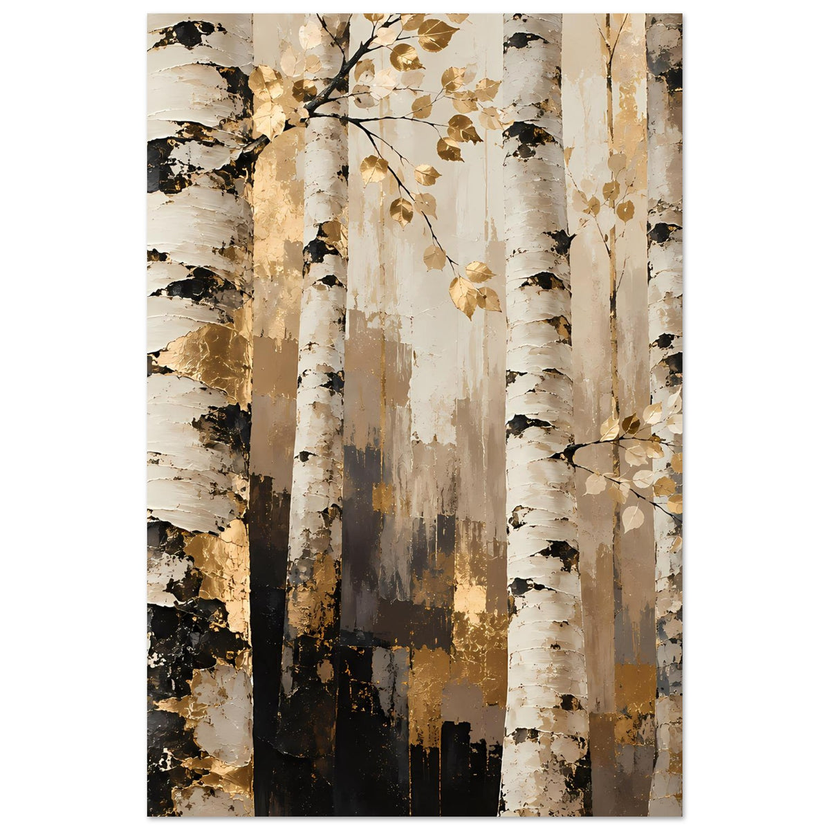 Vertikales Naturposter mit Birkenwald, goldene Blattzweige im Vordergrund, warme Erdtöne