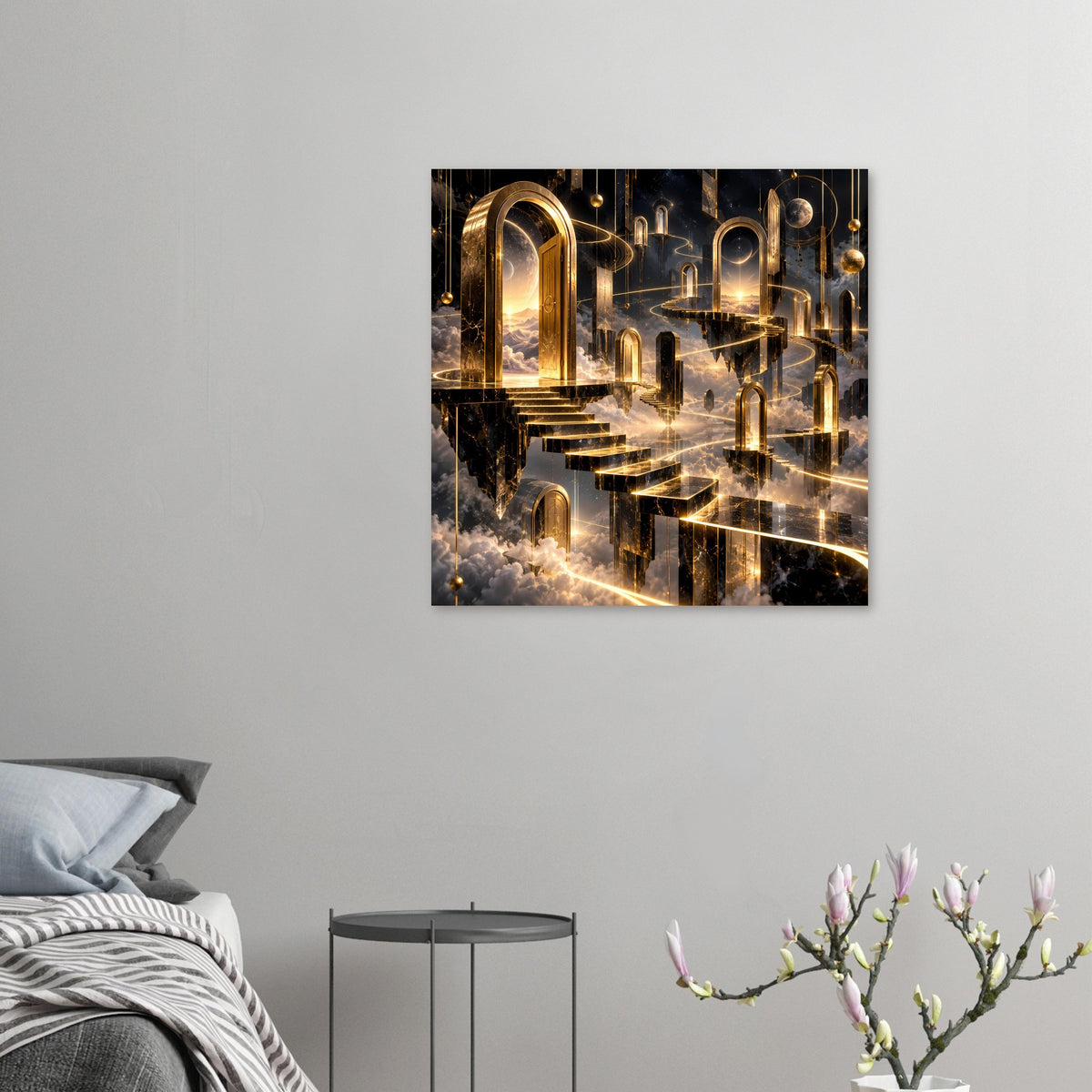 Wandposter mit goldenen Bögen, Treppen und Wolkenlandschaft im dunklen Licht.