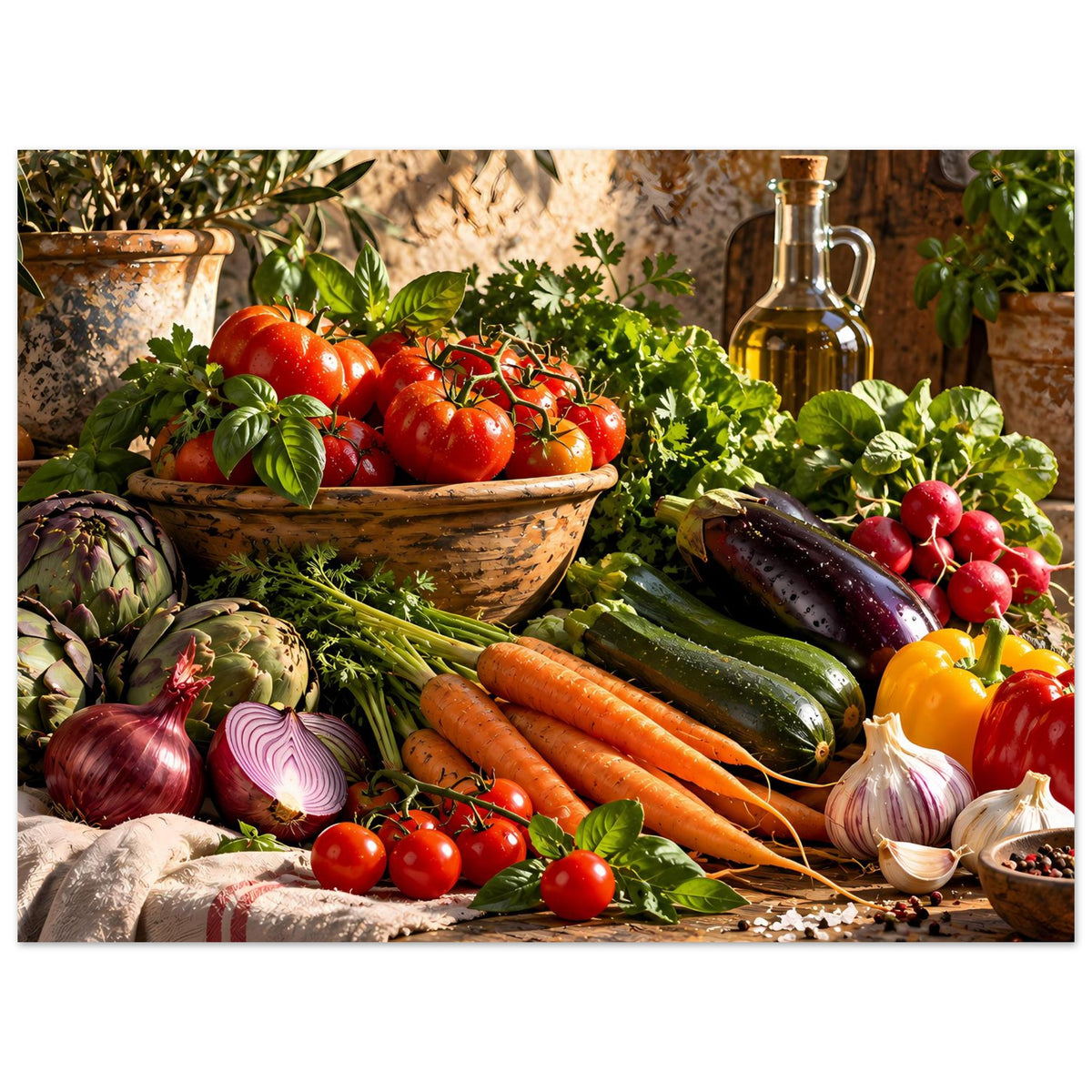 Küchenposter mit Nahansicht: Tomaten, Kräuter, Karotten und Zucchini in Holzschale.
