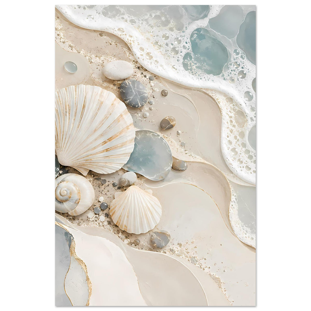 Vertikaler Kunstdruck mit Muscheln, Kieseln und Sand, weißer Schaum mit hellblauen Farbfeldern