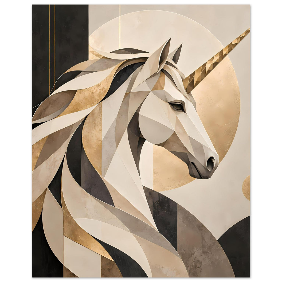 Poster mit Einhornkopf und Mähne, abstraktes Papierkunst-Design in Beige und Dunkel
