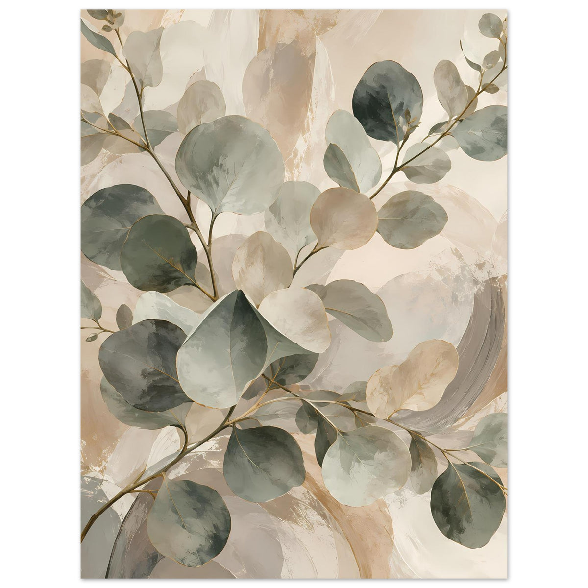 Botanisches Poster mit großen Blättern in Salbeigrün und Beige, vertikal