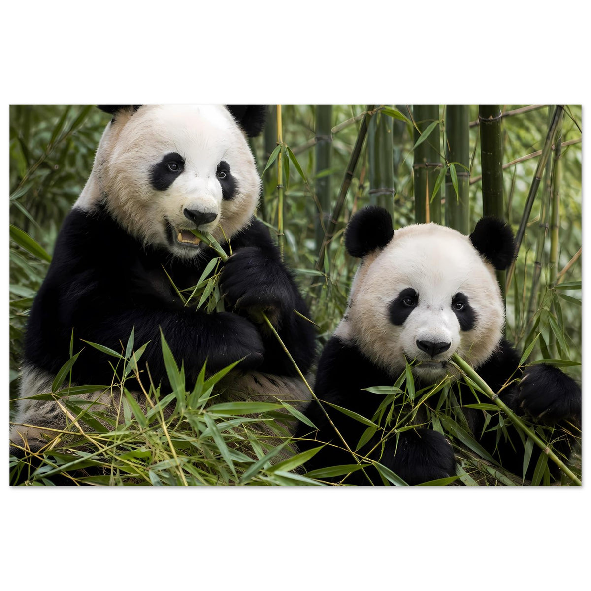 Panda-Duo-Poster: zwei Pandas im Bambus, Panda rechts mit dunklen Augen, Grashalme vorne