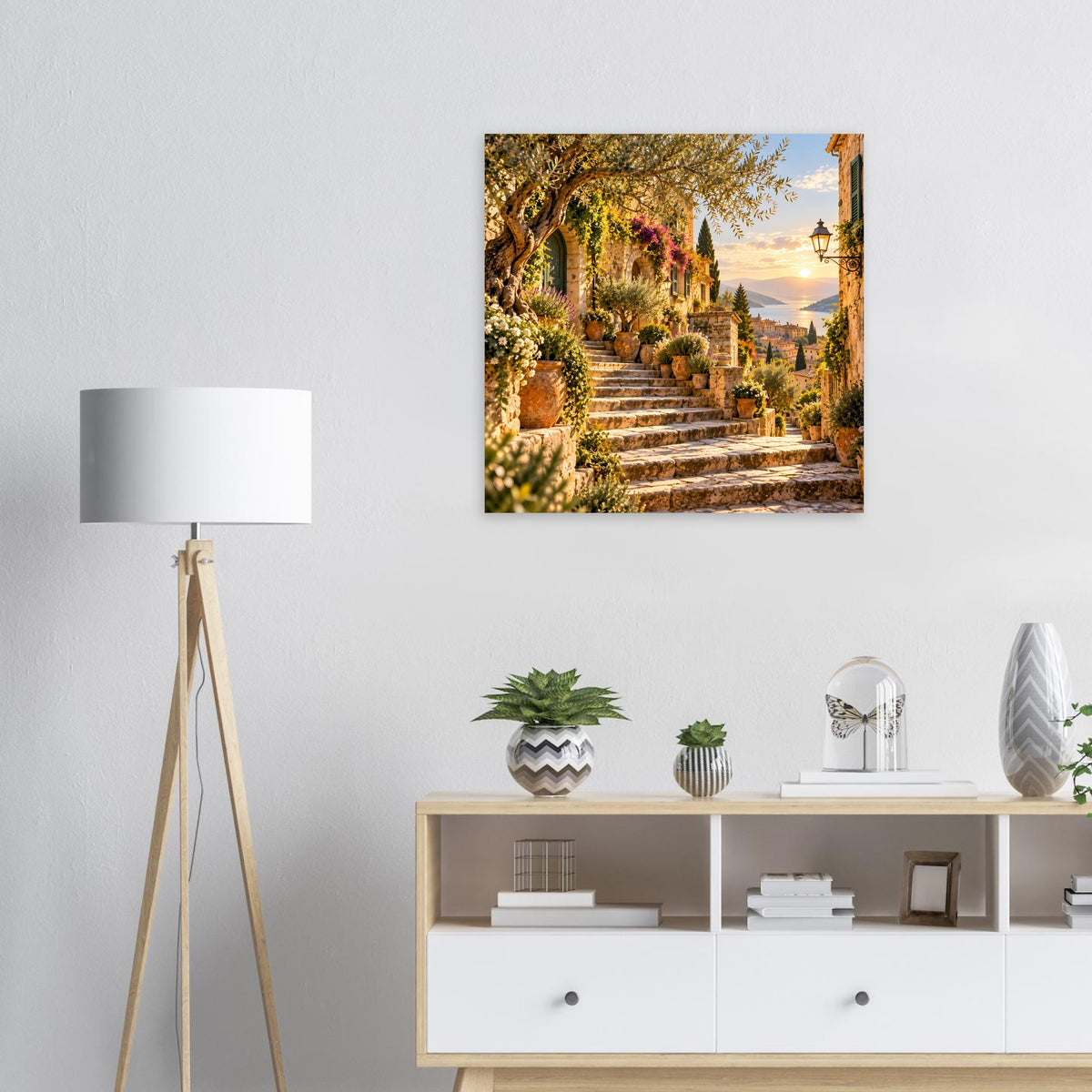 Sonnenuntergangs-Poster mit mediterranem Treppenweg, Pflanzen und Bögen, quadratisch
