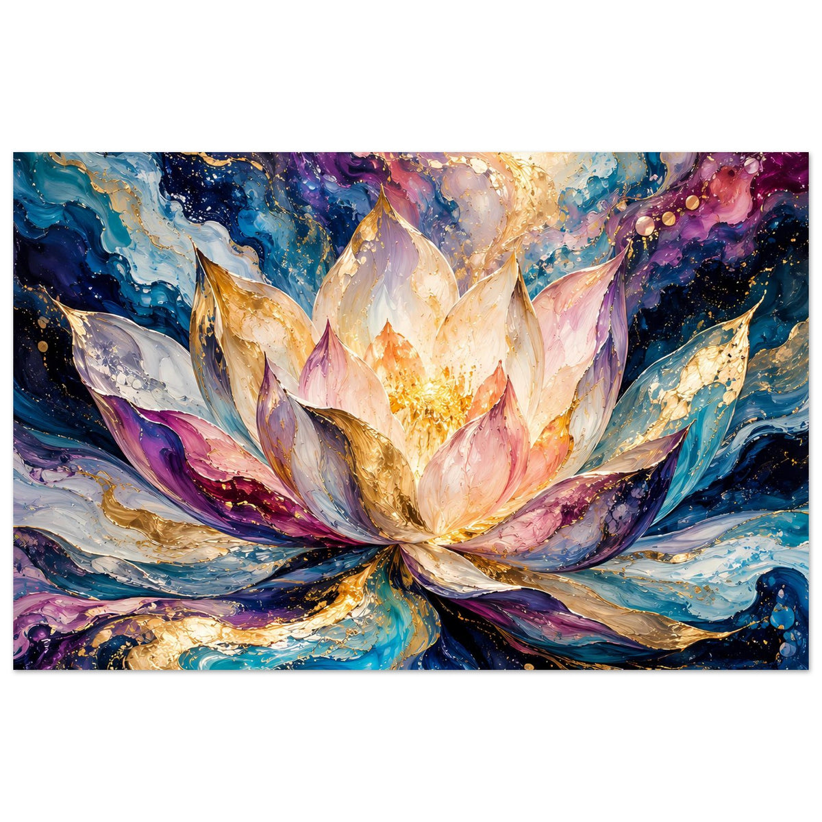 Breites Blumenposter mit leuchtender goldener Blüte in Blau, Lila und Rosa