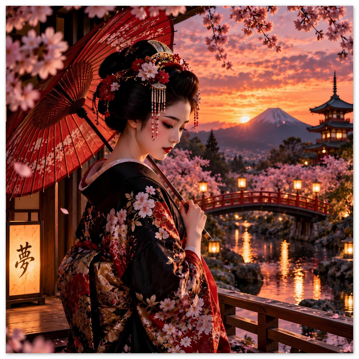 Poster: Frau im dunklen Kimono mit Kirschblüten, roter Schirm, Brückenblick mit vielen Laternen