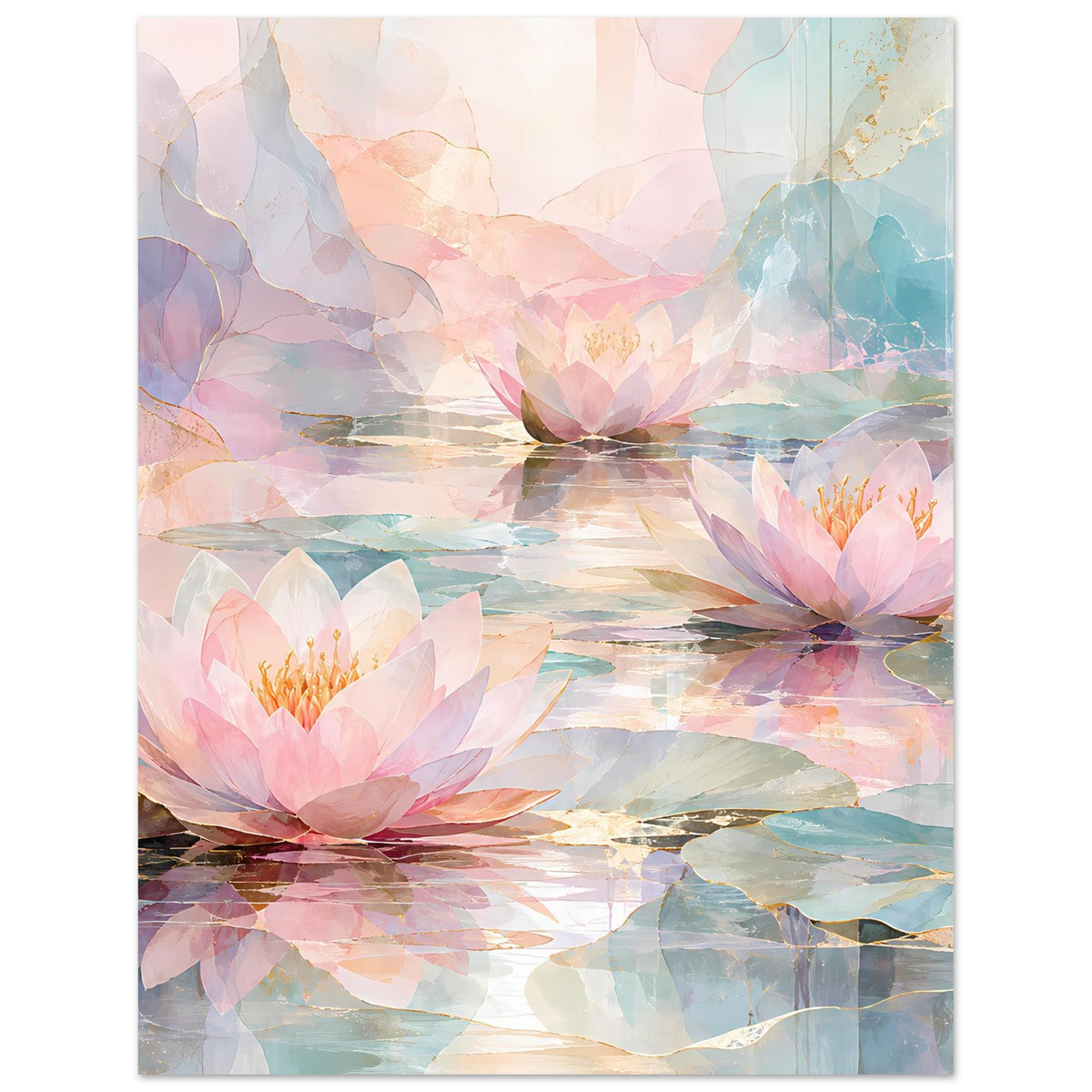 Florales Poster mit Seerose im Vordergrund und weiteren Blüten im Hintergrund, Pastelltöne.