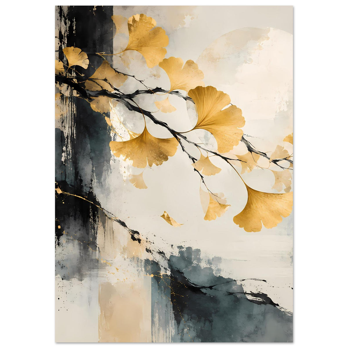 Kunst-Poster im Hochformat mit goldenem Ginkgo, weißen Blättern und schwarzen verzweigten Ästen