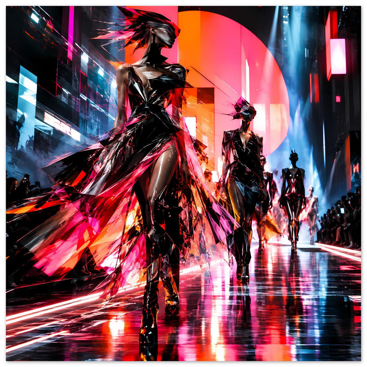 Neon-Fashion-Poster: Laufsteg-Silhouetten von Models, Schwarz mit kräftigen Rot- und Pinkakzenten