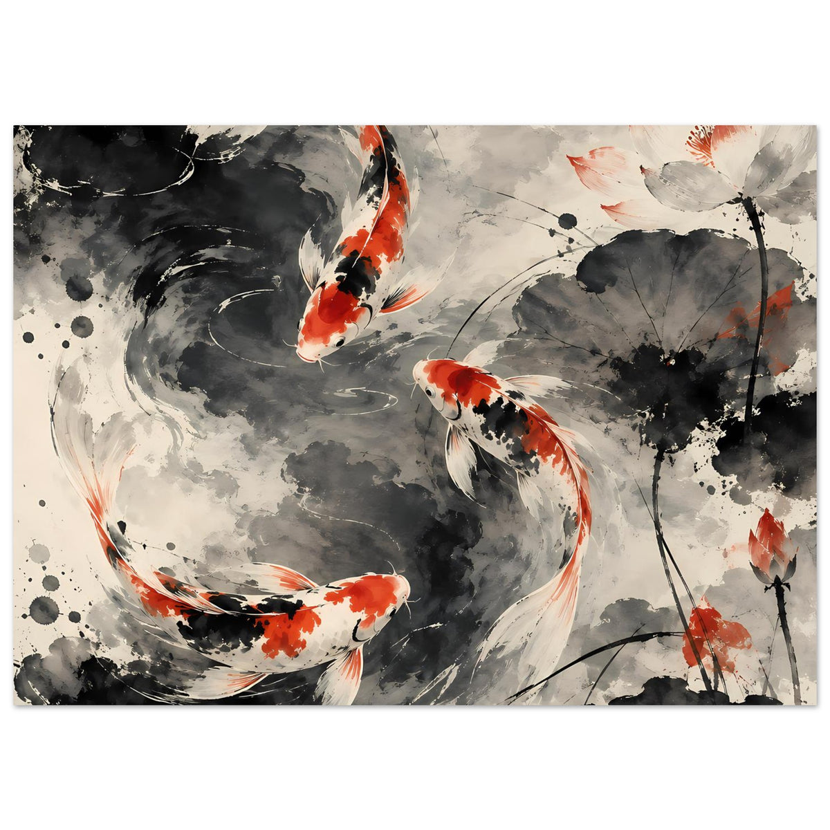 Poster mit Koi-Fischen im Tusche-Stil, schwarze Farbflecken, orange Akzente, querformat