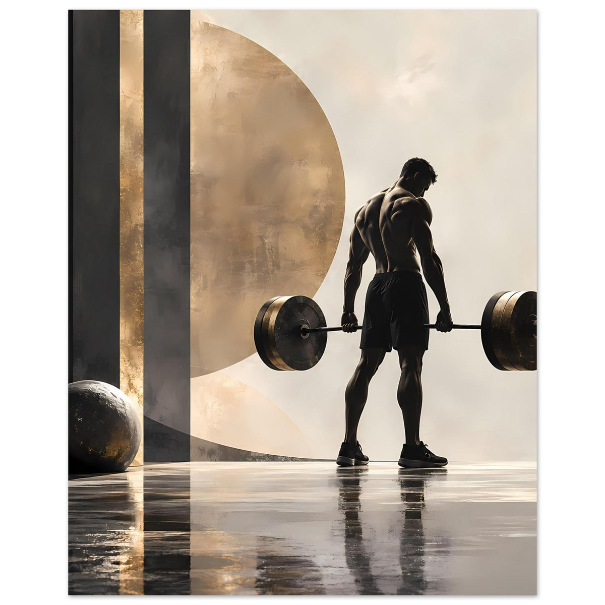 Krafttraining-Poster im Hochformat: Figur hebt Langhantel, goldene Kreisform im Motiv