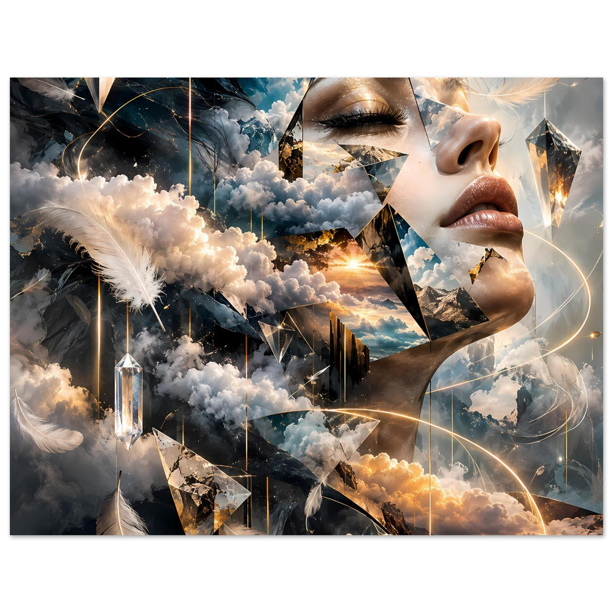 Surrealer Traumlandschafts-Poster im Querformat mit Frauenprofil, Wolken und Kristall-Elementen