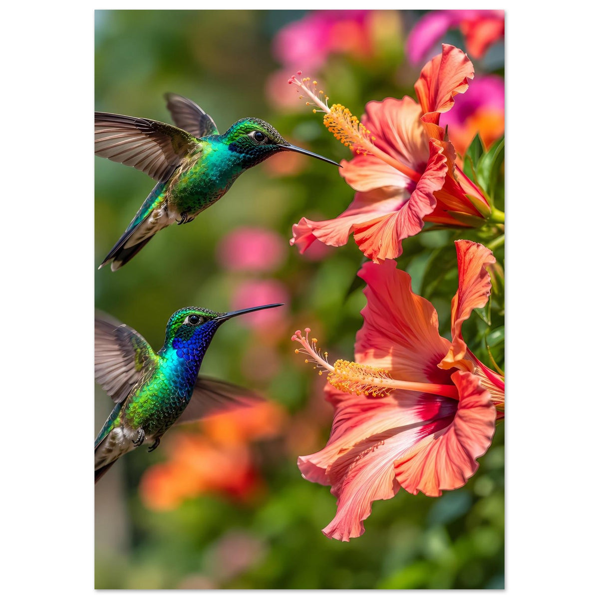 Vertikales Poster: zwei Kolibris auf orange-roten Hibiskusblüten