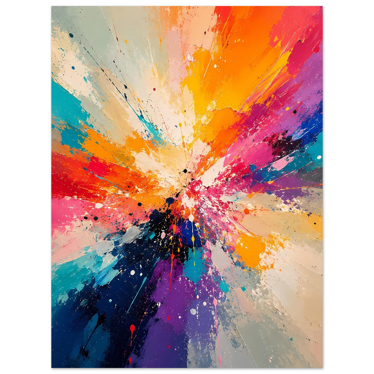 Abstraktes Kunstposter im Hochformat mit radialem Explosion-Motiv, Farbflächen und Sprühspuren