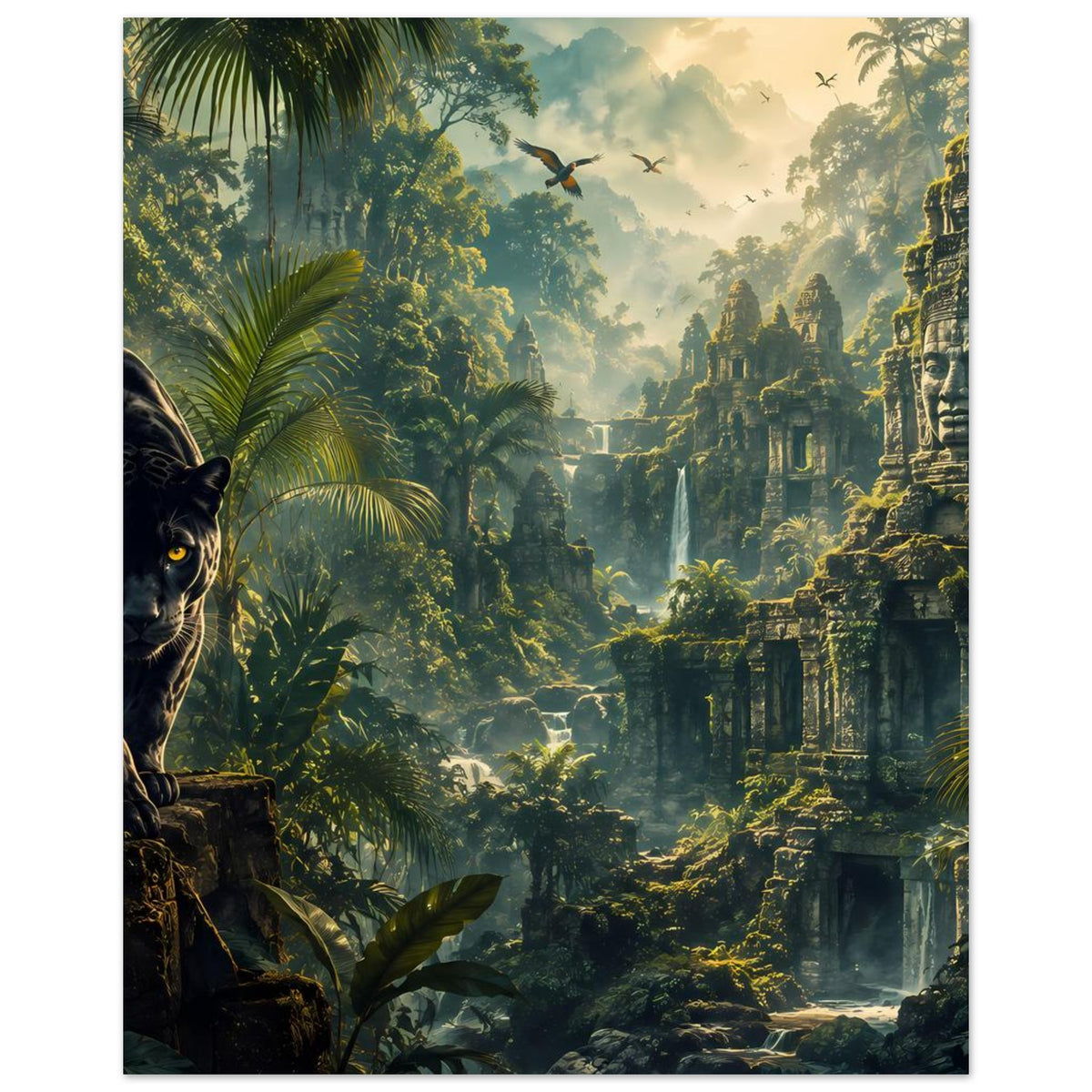 Poster mit schwarzem Panther, Dschungelruinen, Steingesicht rechts und Wasserfall