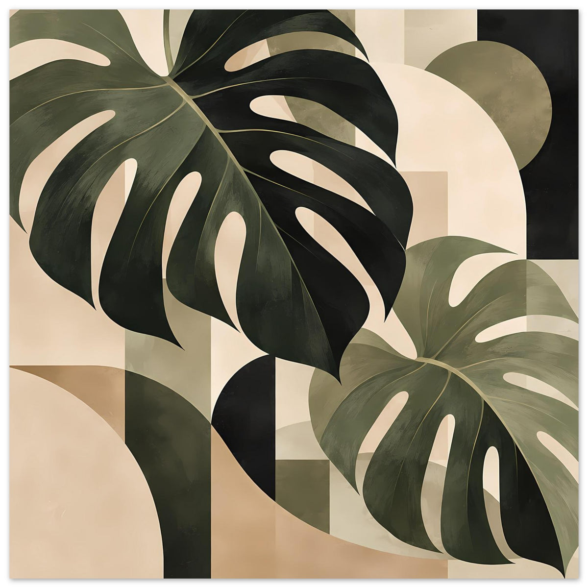 Nahansicht-Poster mit Monstera-Blättern: salbeigrün, dunkelgrün, beige und hellen Highlights