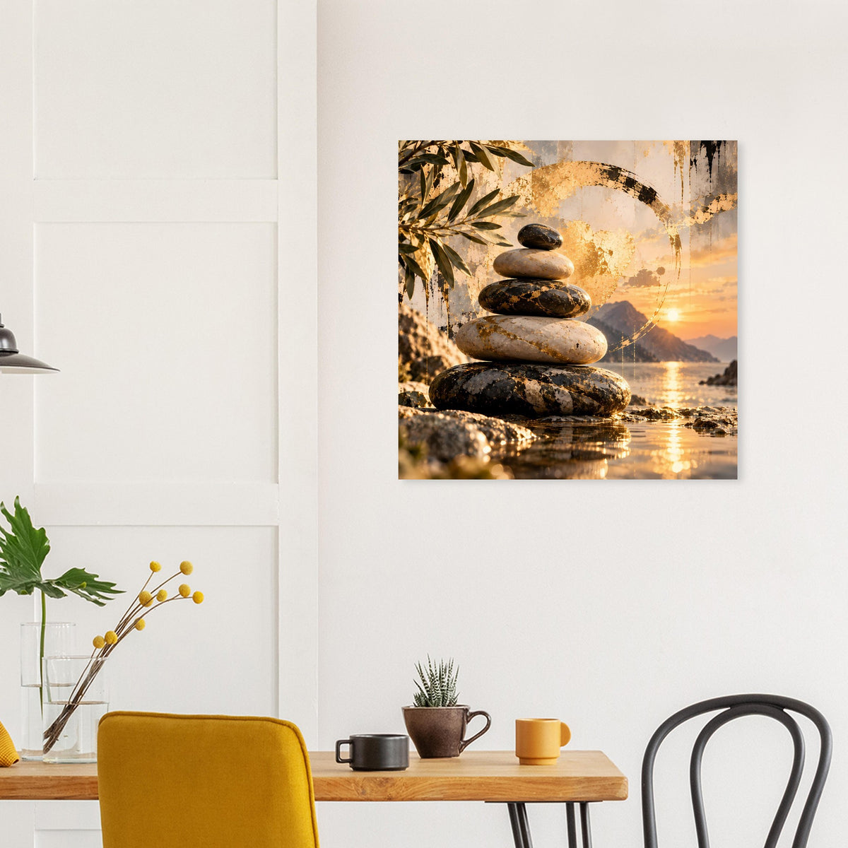 Zen-Harmonie-Poster mit Steinturm und Sonnenreflexen, von Palmenblättern umrahmt