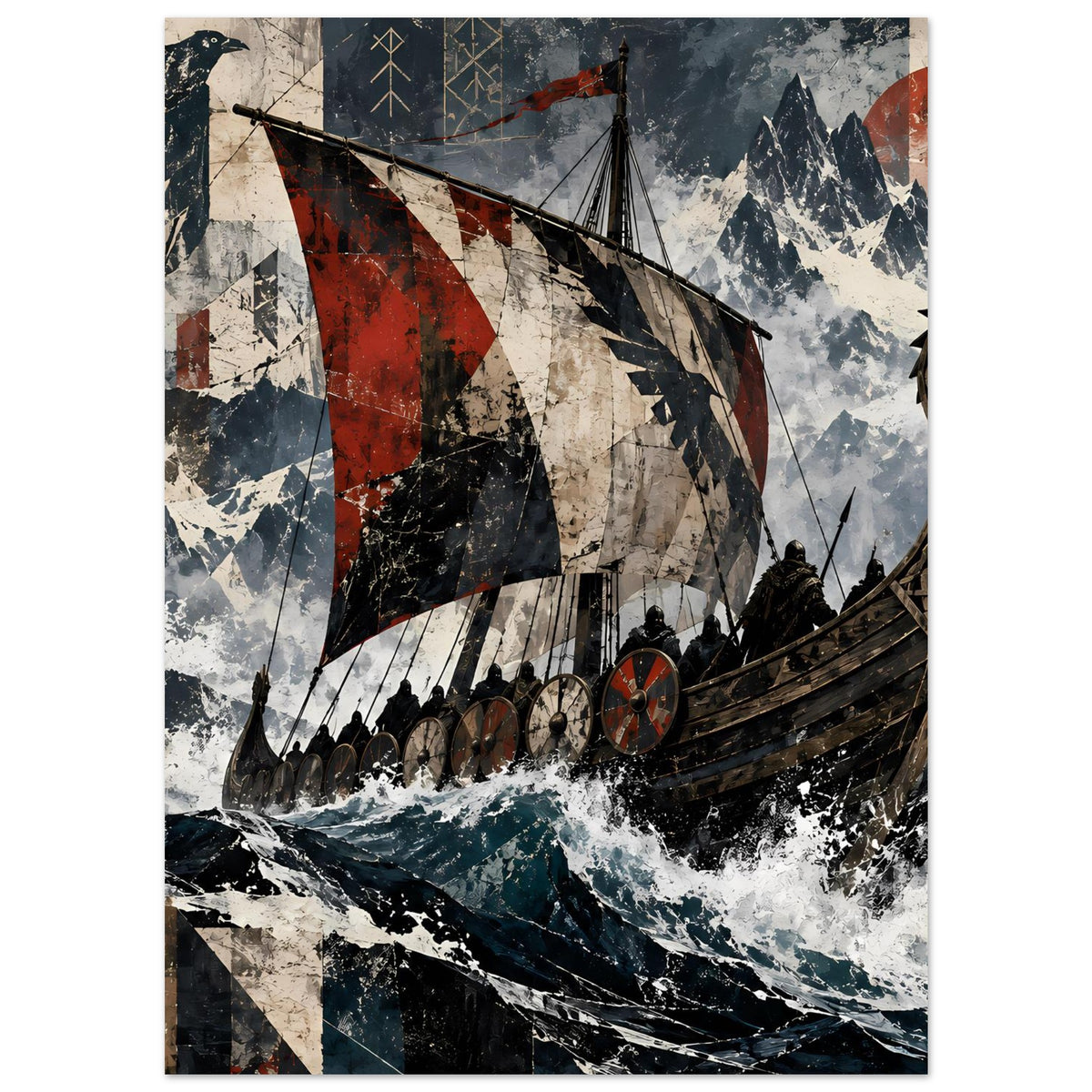 Poster mit Wikingerschiff und roten Segeln, Bootsreihen und Wellen, im Hochformat