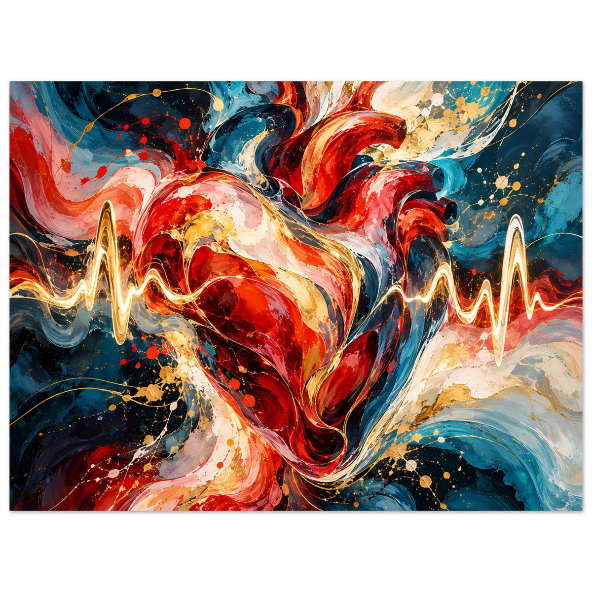 Großansicht Herzschlag-Poster: abstraktes rotes Herz mit goldener EKG-Linie