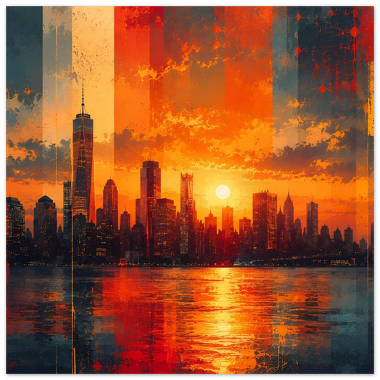 Stadtposter mit Skyline bei Sonnenuntergang, spiegelndes Wasser und orange-rote Wolken