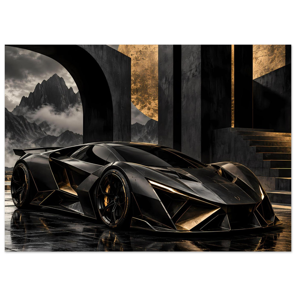 Autoposter mit futuristischem Supersportwagen Schwarz und Gold, breite Frontansicht mit Reflexionen
