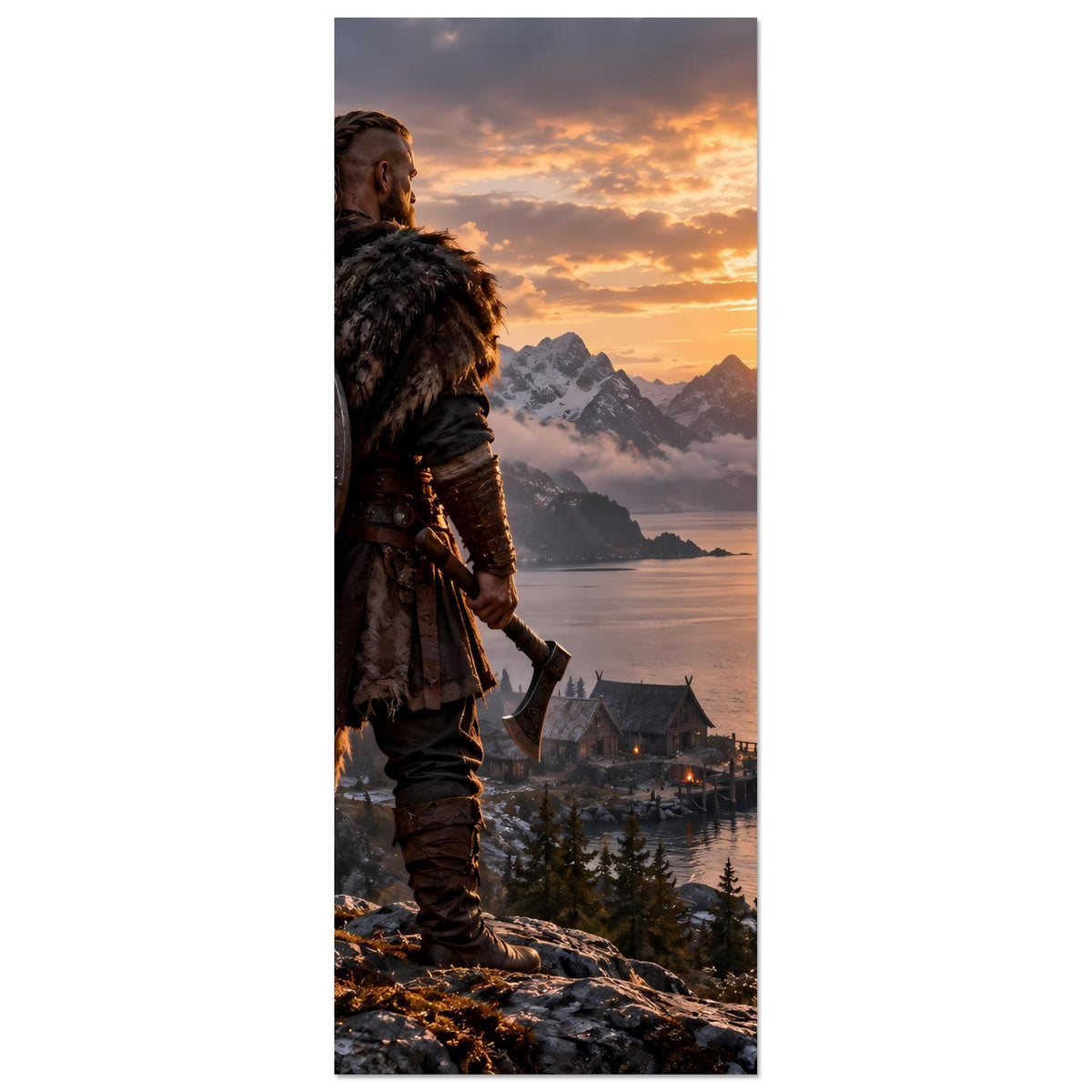 Vikinger-Poster (Hochformat): Wikinger mit Rundschild und Blick auf das Langschiff