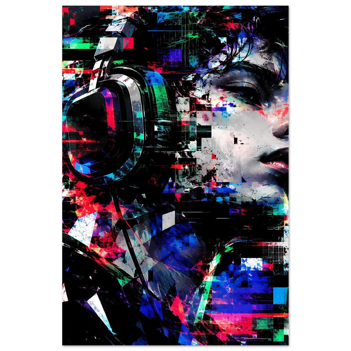 Poster mit abstrahiertem Gesicht, Neon- und Pixelgrafik, Schwarz, Hochformat