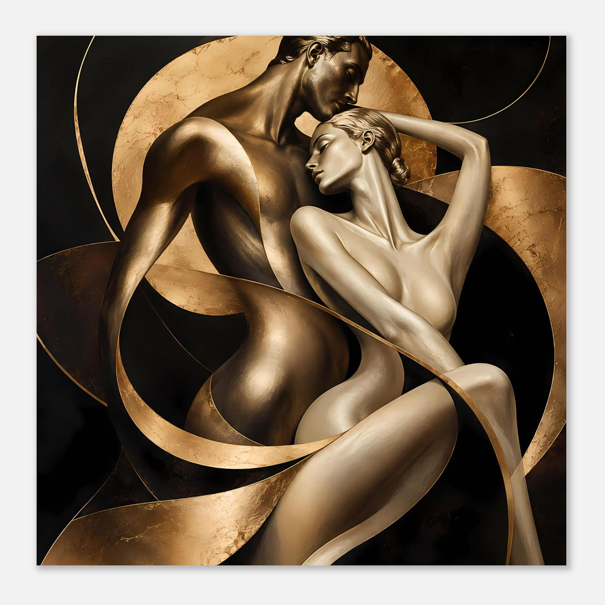 Kunstposter mit gold- und bronzefarbener Aktkomposition, zwei nackte Figuren, schwarzer Rahmen