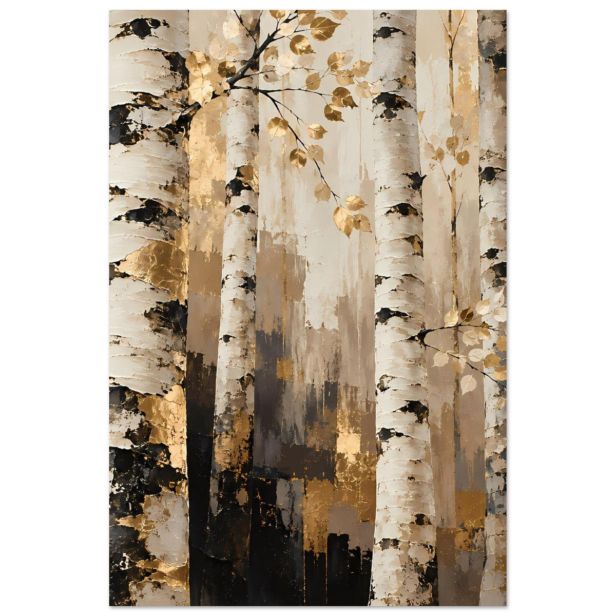 Naturposter Birkenwald mit goldenen Blättern und hellen Stämmen, dunkle Flächen im Vordergrund