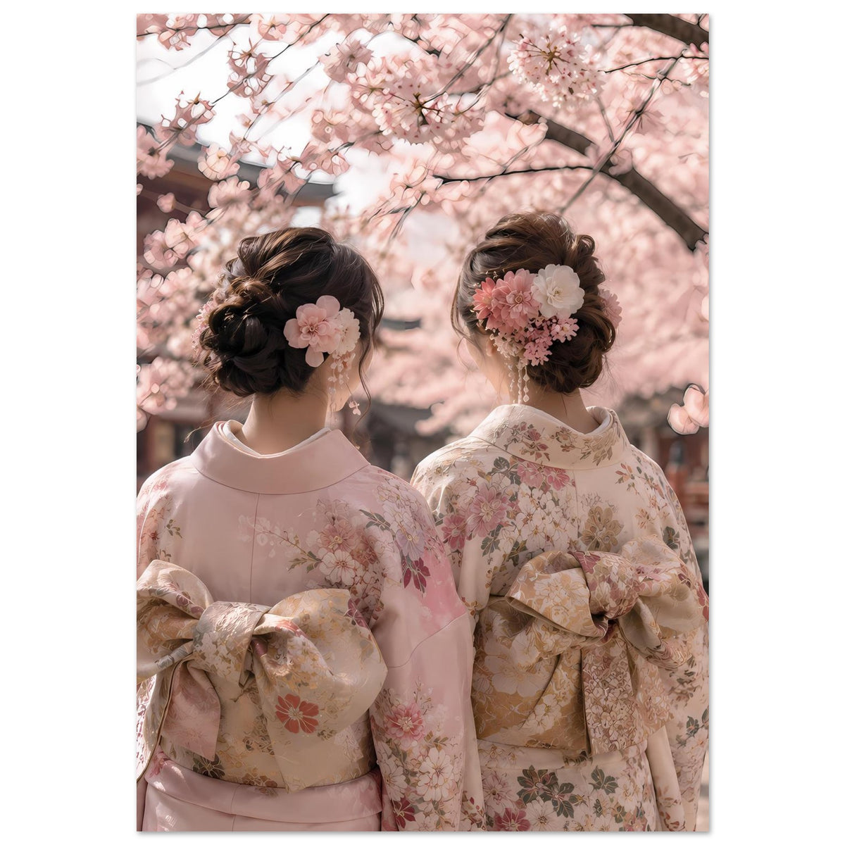 Kirschblüten-Poster mit zwei Personen in floralen Kimonos, Kirschblütenzweige im Hintergrund