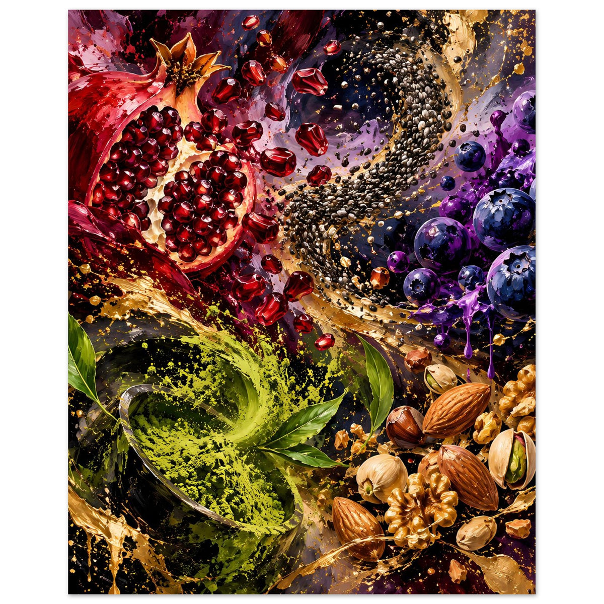 Vertikales Poster mit Granatapfel, lila Traubenbeeren, grünem Pulverwirbel und Nüssen
