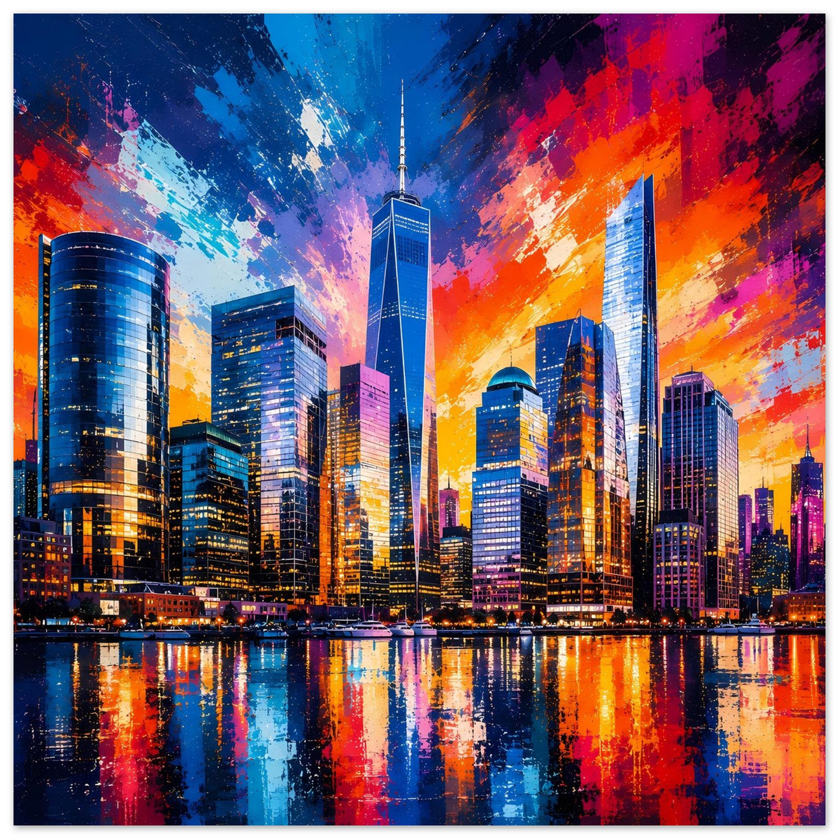Stadtlandschafts-Poster mit zentralem Turm, bunten Wolkenkratzern und Reflexionen am Uferwasser