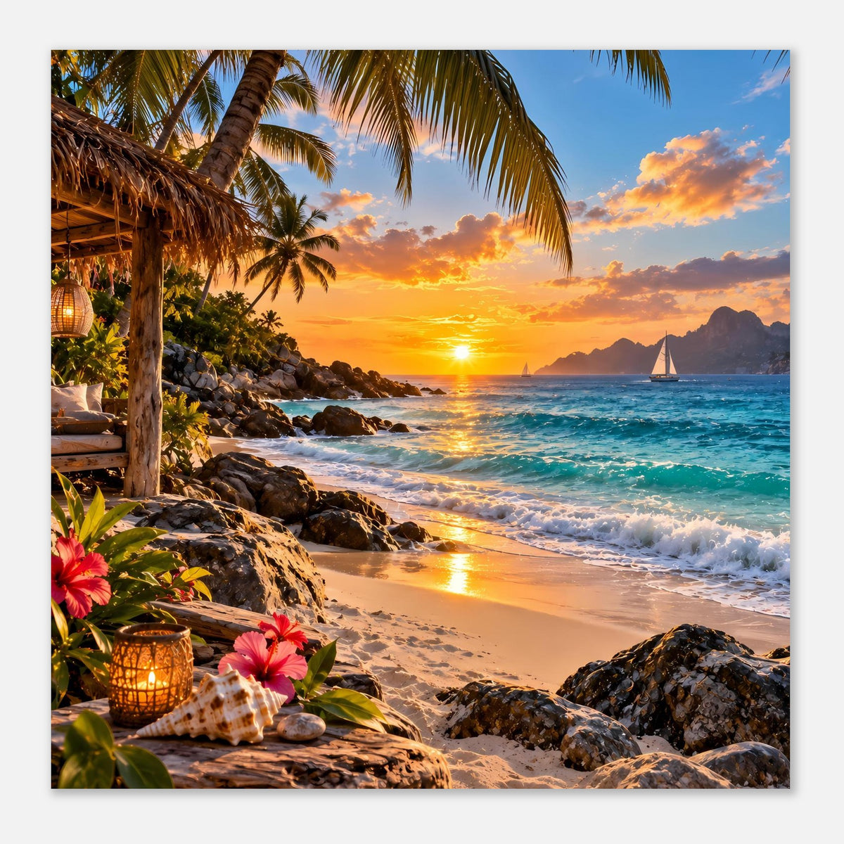 Tropisches Strand-Sonnenuntergangs-Poster mit Palmen, Felsen, Strand und orangefarbenem Licht