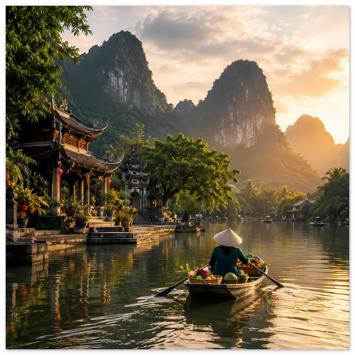 Wandposter mit Fluss und Ruderboot, Tempel am Ufer, dramatische Berge und Sonnenuntergang
