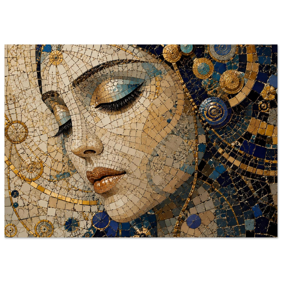 Mosaik-Porträtposter: Frauengesicht in Blau-Gold, Details von Stirn und Augenbrauen