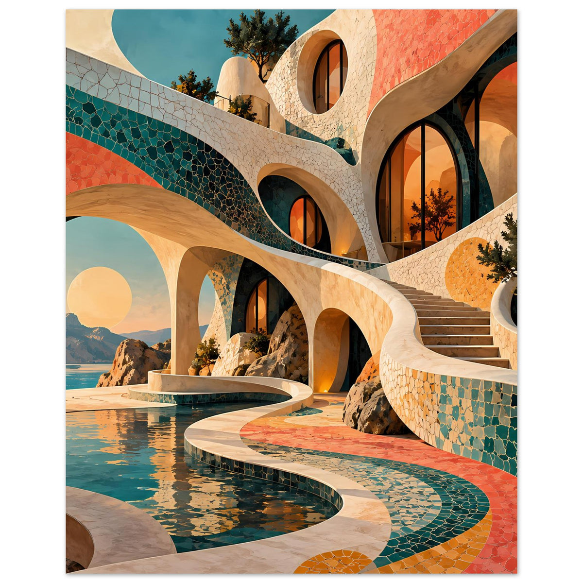 Kunstposter mit türkisgrünen Fliesenbögen und korallenfarbener Fassade, Pool im Vordergrund