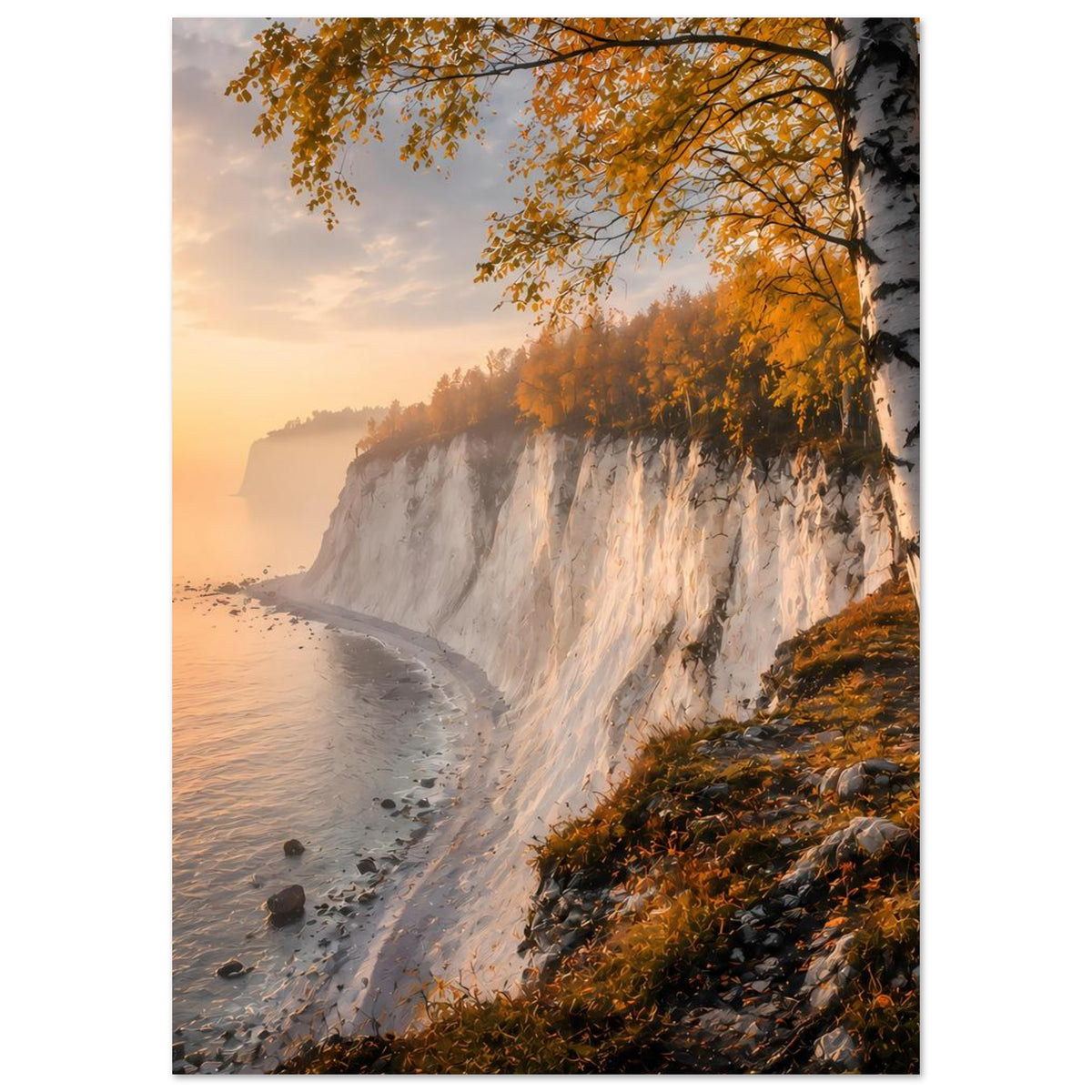 Poster (Hochformat) mit Birkenstämmen, Küstenklippe und herbstlich gefärbtem Ufer