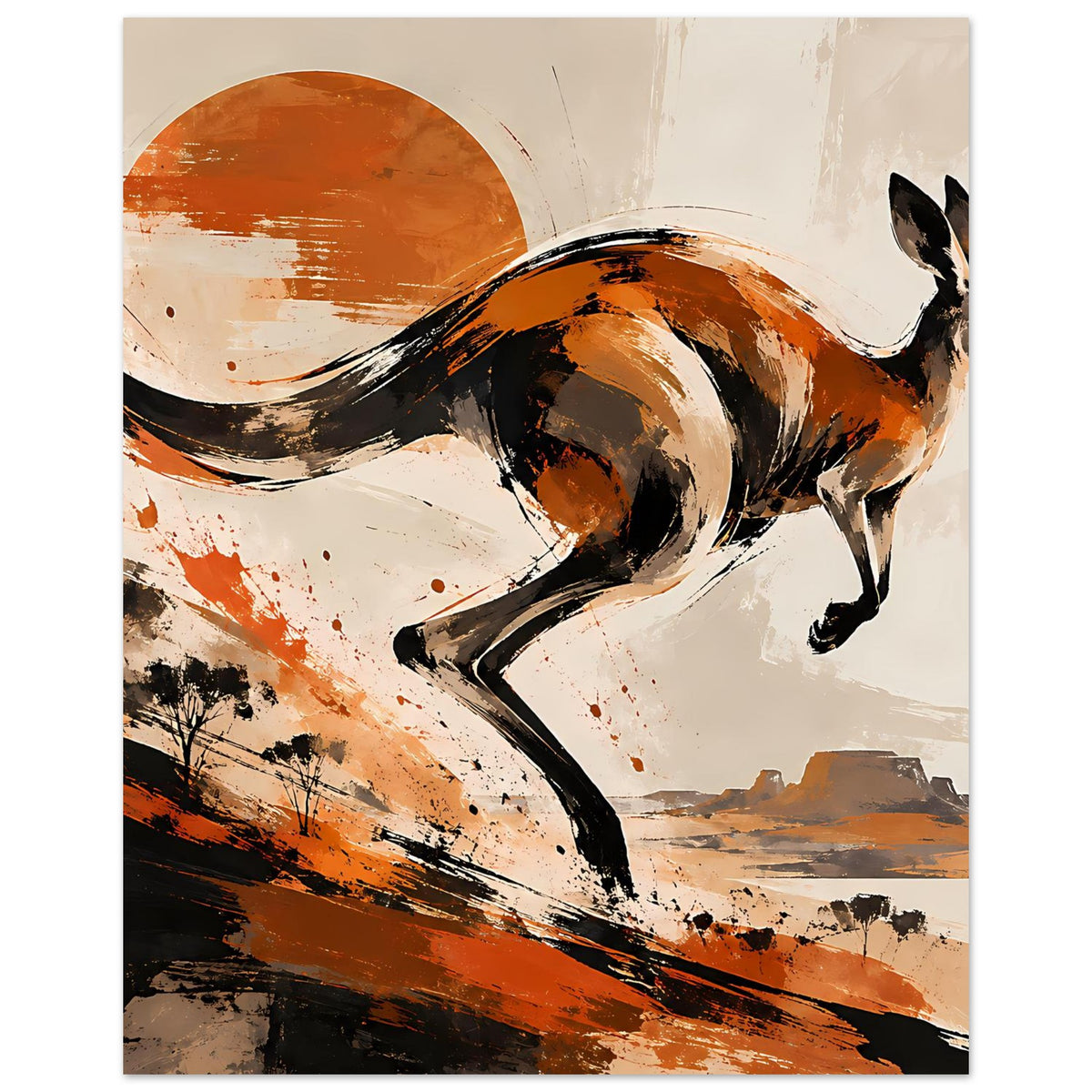 Tierposter: springendes Känguru, warmes Orange-Braun, schwarz umrandete Konturen