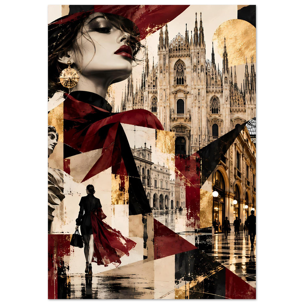 Wandposter mit Collage: Frau im Profil, Blick auf Domfassade, Architekturdetails, Burgund und Gold
