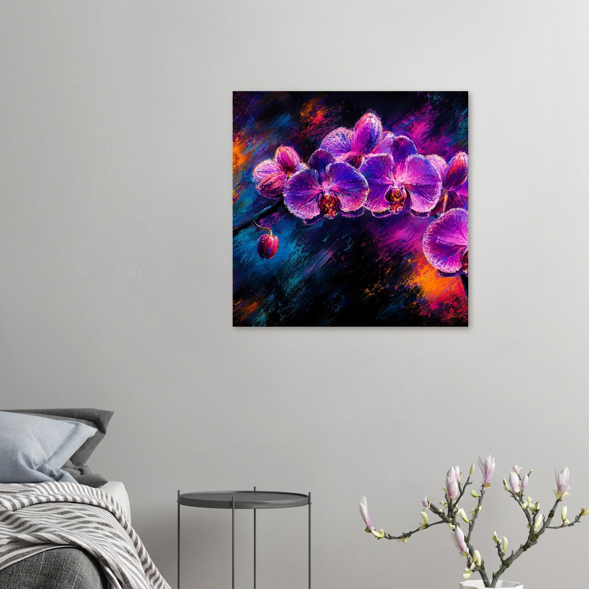 Kleines Poster mit Orchideen in Lila und Pink auf abstraktem Farbverlauf