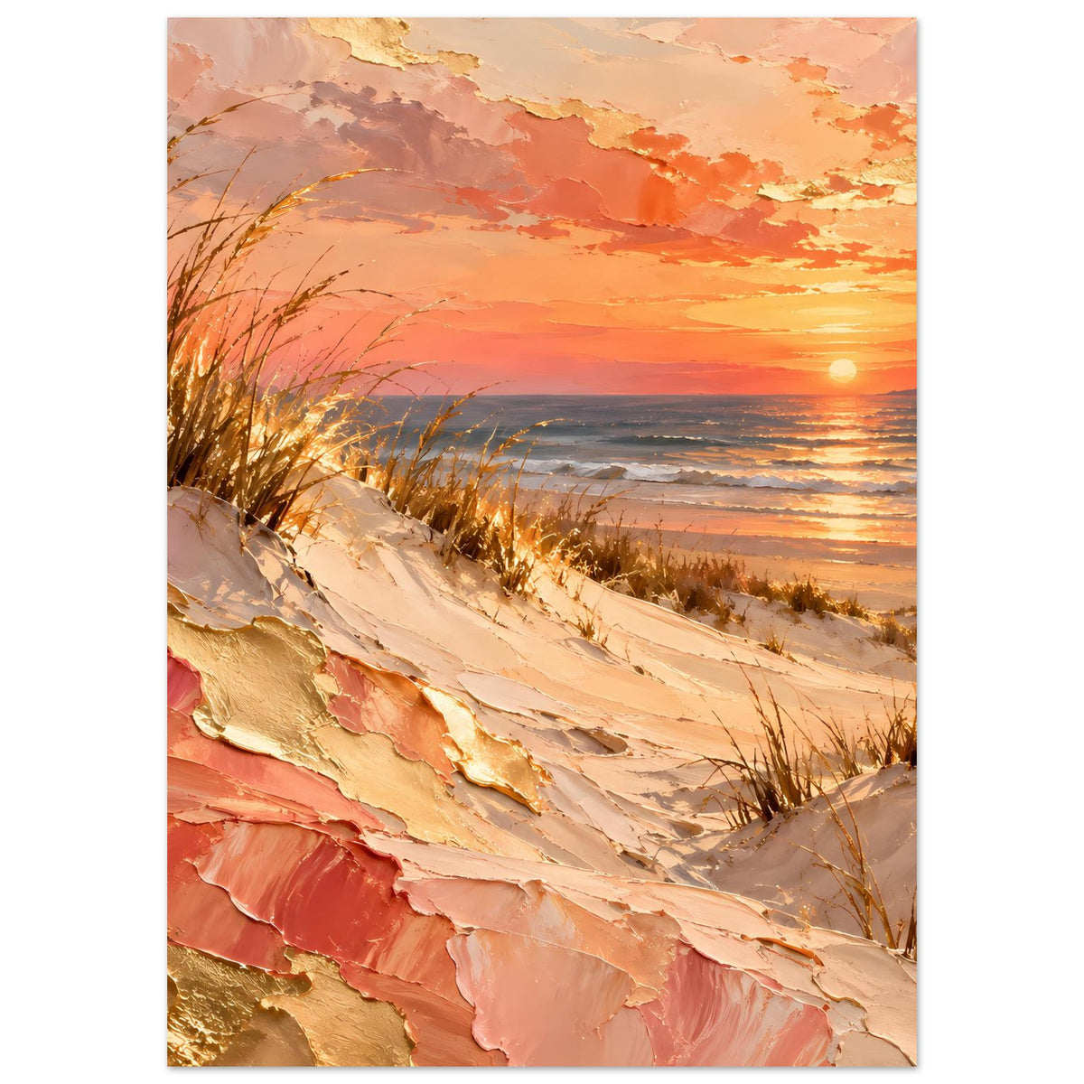 Meerposter (hochkant) mit Strand und Sonnenuntergang, goldene Lichtreflexe und rote Sandflächen