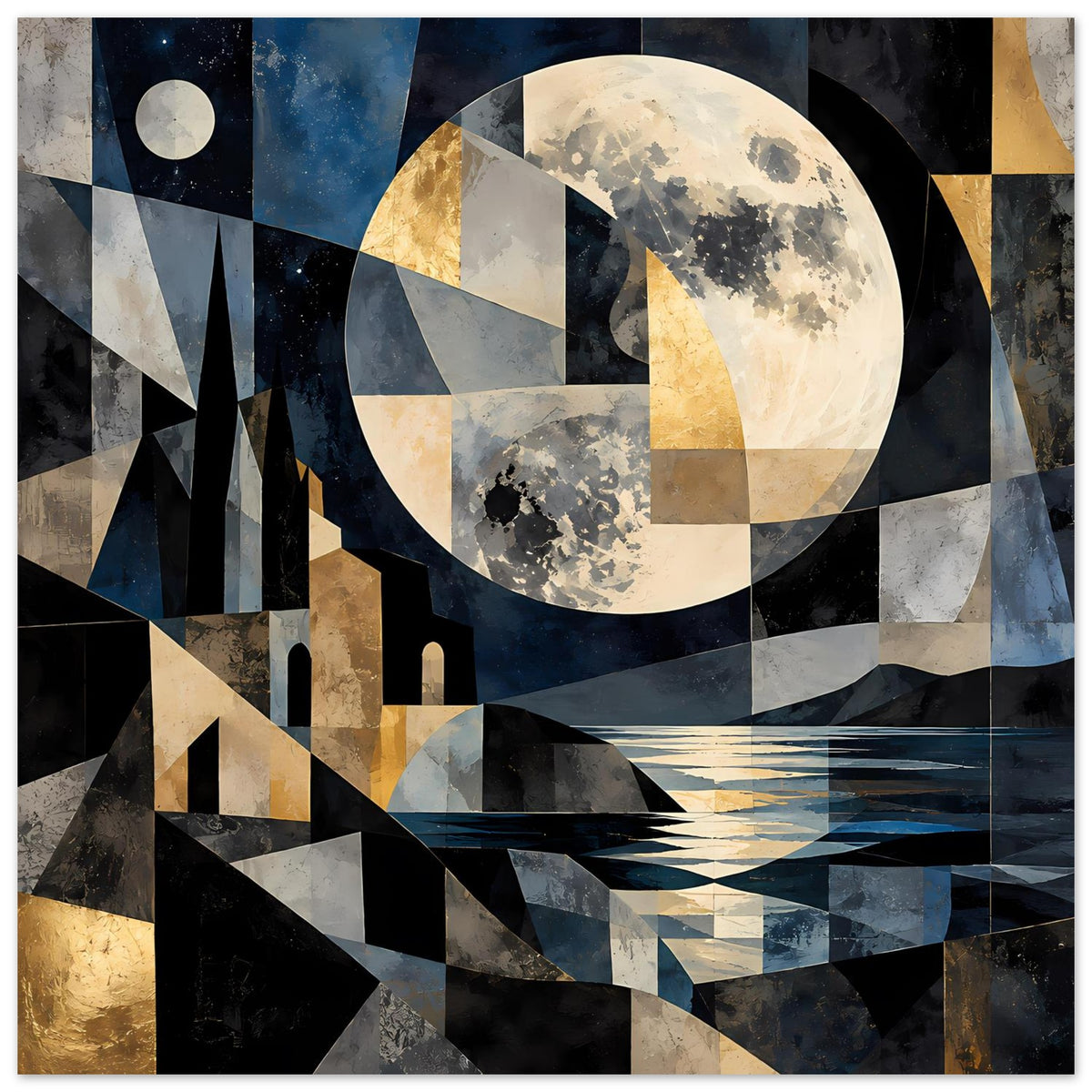 Geometrisches Poster mit Mond und geometrischer Skyline, abstrakte Farben Blau, Gold und Schwarz