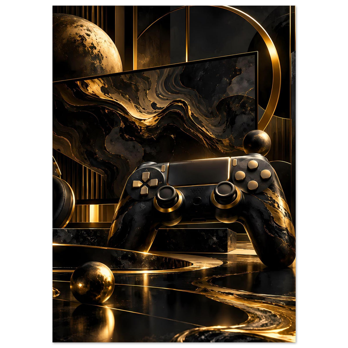 Gaming-Poster: Gamecontroller-Design in Schwarz und Gold mit dynamischen Strömungen im Motiv