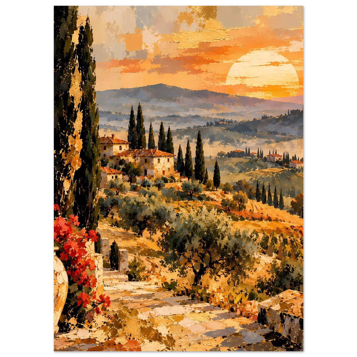 Poster mit toskanischen Hügeln, Zypressen, roten Blüten und orangefarbenem Himmel